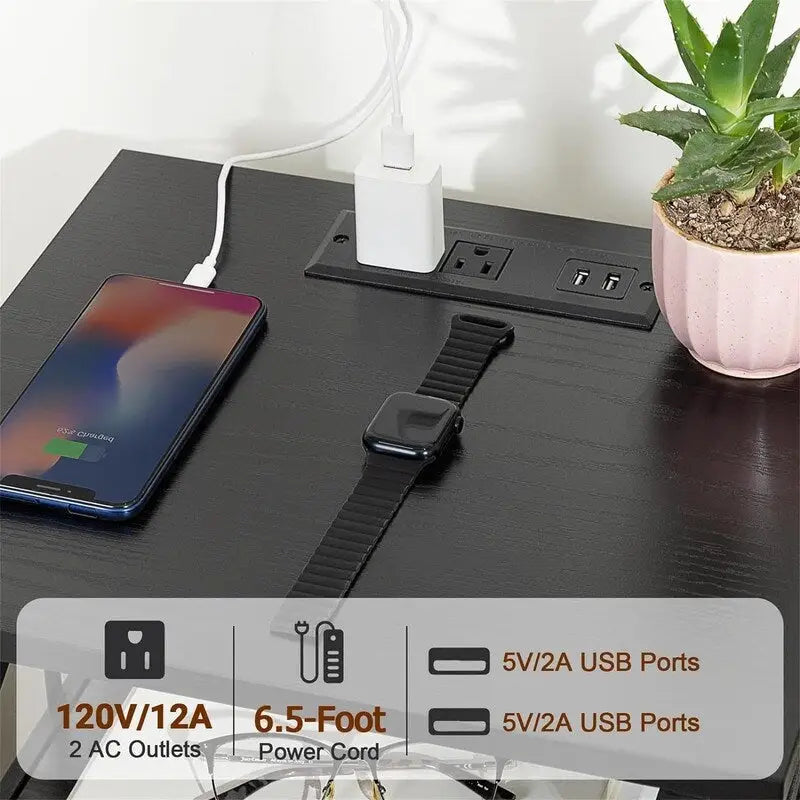 Black Nightstand with Charging Station - 15.7D x 13.8W x 23.8H