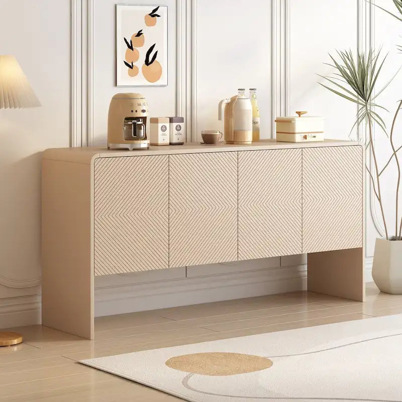 Minimalist Style 60L Large Storage Space Sideboard with 4 Doors and Rebound Device for Living Room and Entryway (Apricot Cream)