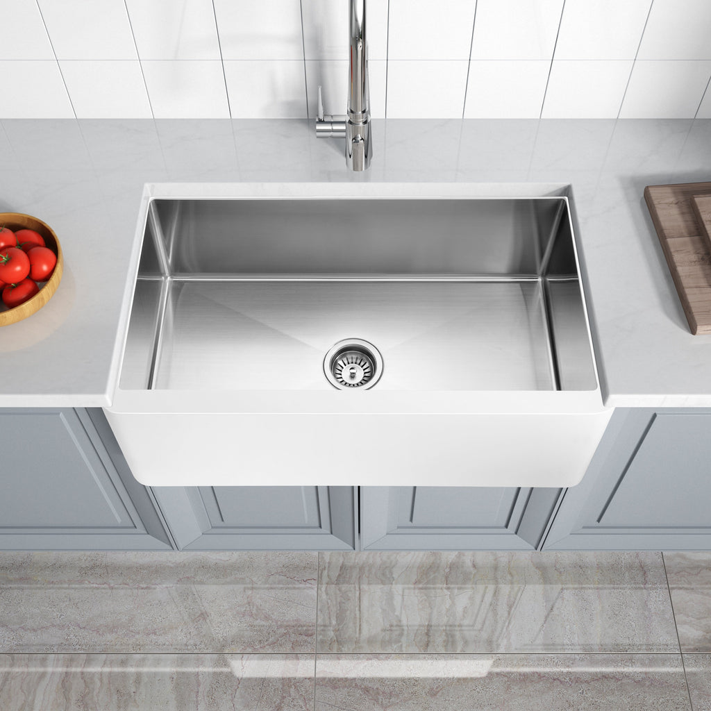 ANZZI Apollo Matte White Solid Surface Farmhouse 36 in. Single Bowl Kitchen Sink with Stainless Steel Interior