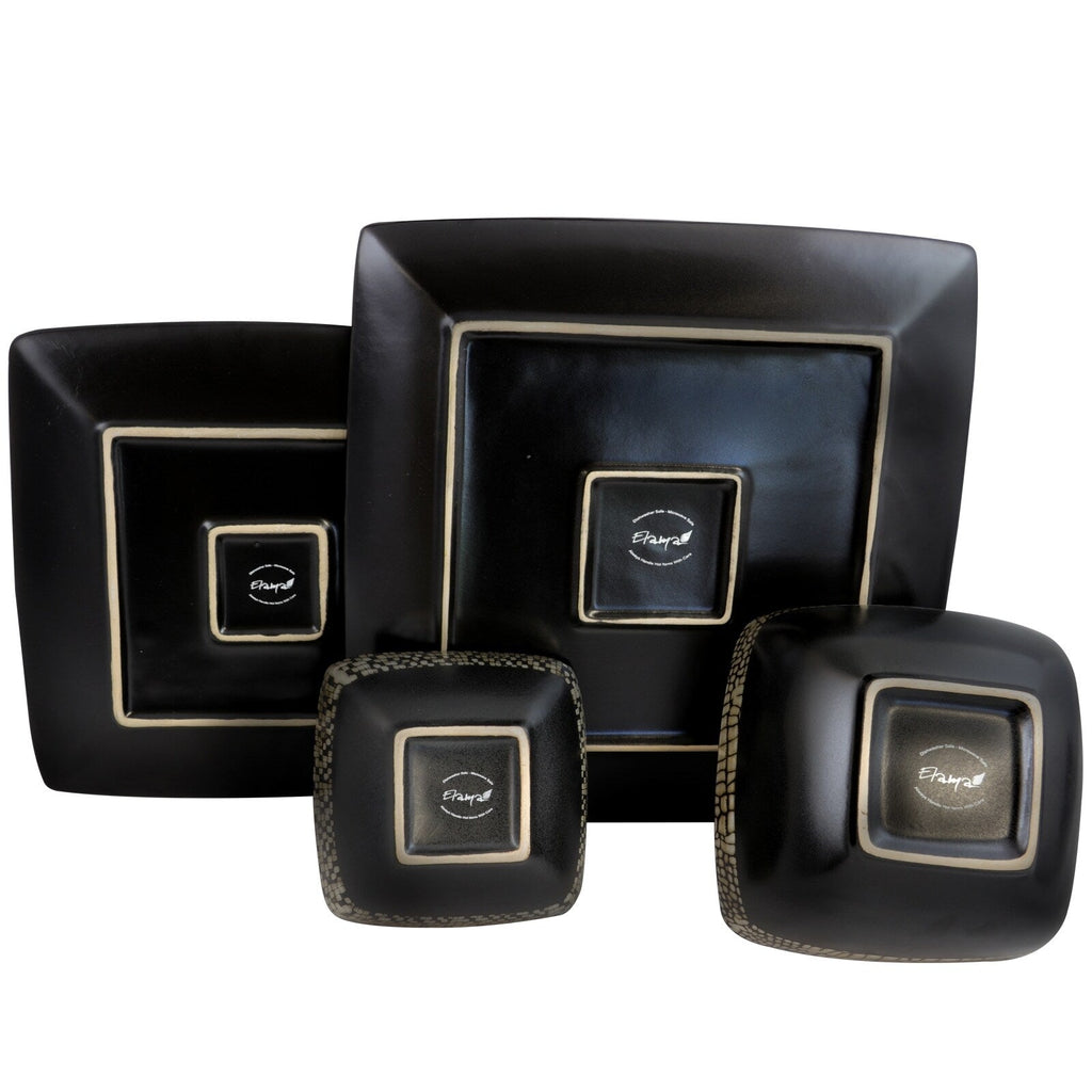 Abstract Square Double Bowl Black Stoneware Dinnerware Set 16 Pieces