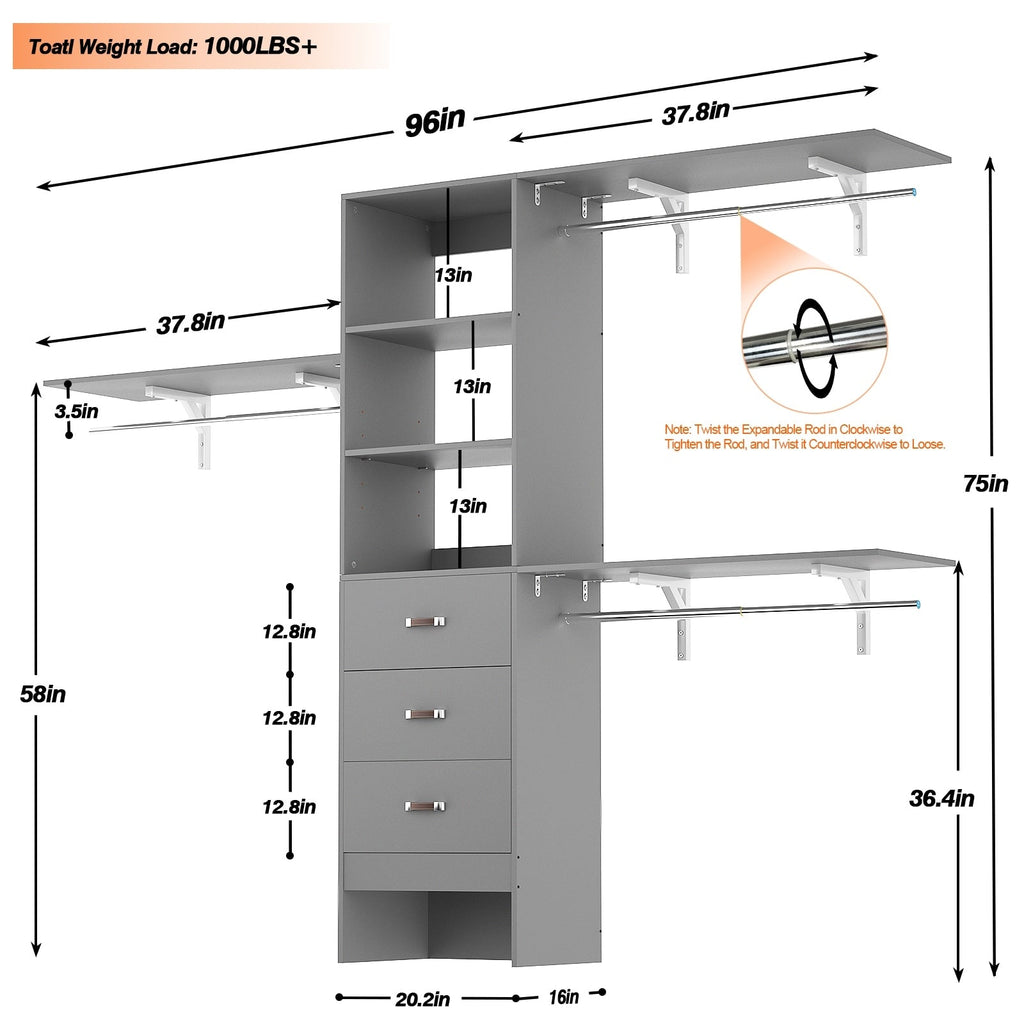 Rackcog 120'' Adjustable Closet Organizer with Drawers, Closet System with DIY Shelves for Reach-in and Walk-in Closet