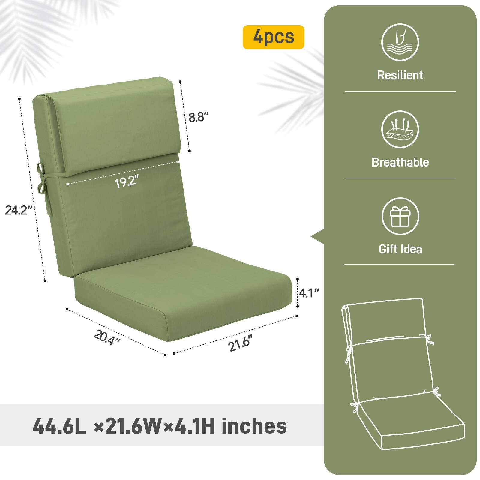 Aoodor Patio High Back Chair Cushions Set of 4, 46x21x4 Inches(Only Cushions)