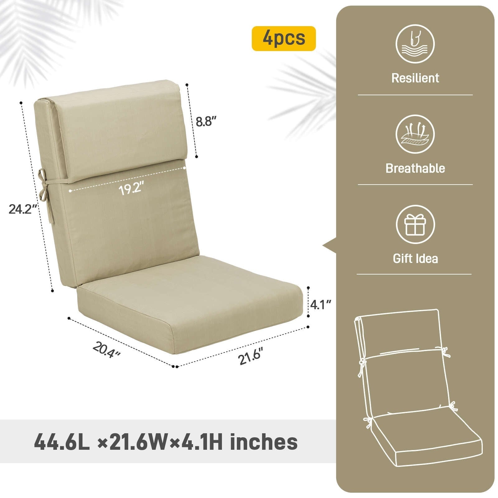 Aoodor Patio High Back Chair Cushions Set of 4, 46x21x4 Inches(Only Cushions)
