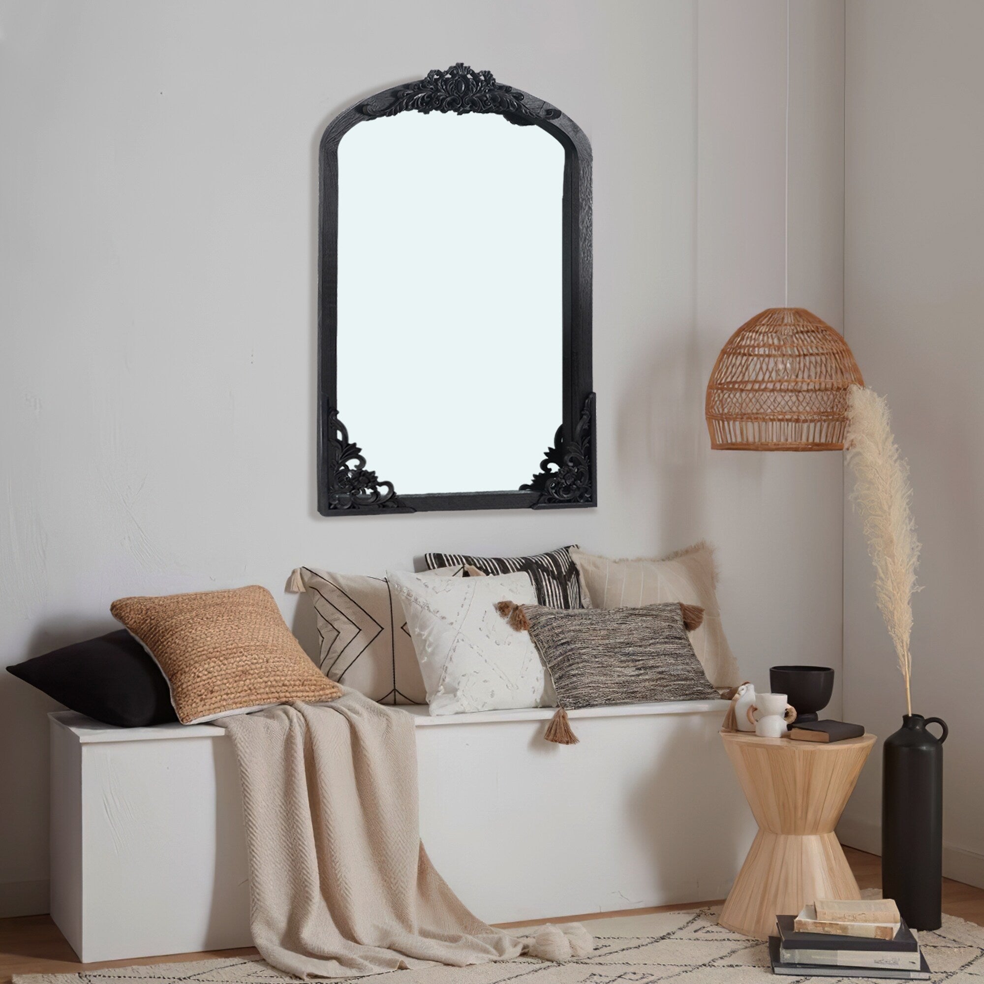 Arched Full-Length Solid Wood Carving Floor Mirror