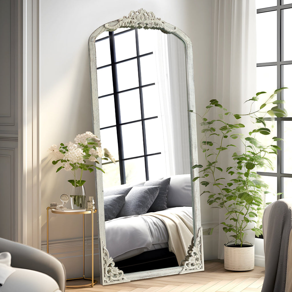 Arched Full-Length Solid Wood Carving Floor Mirror
