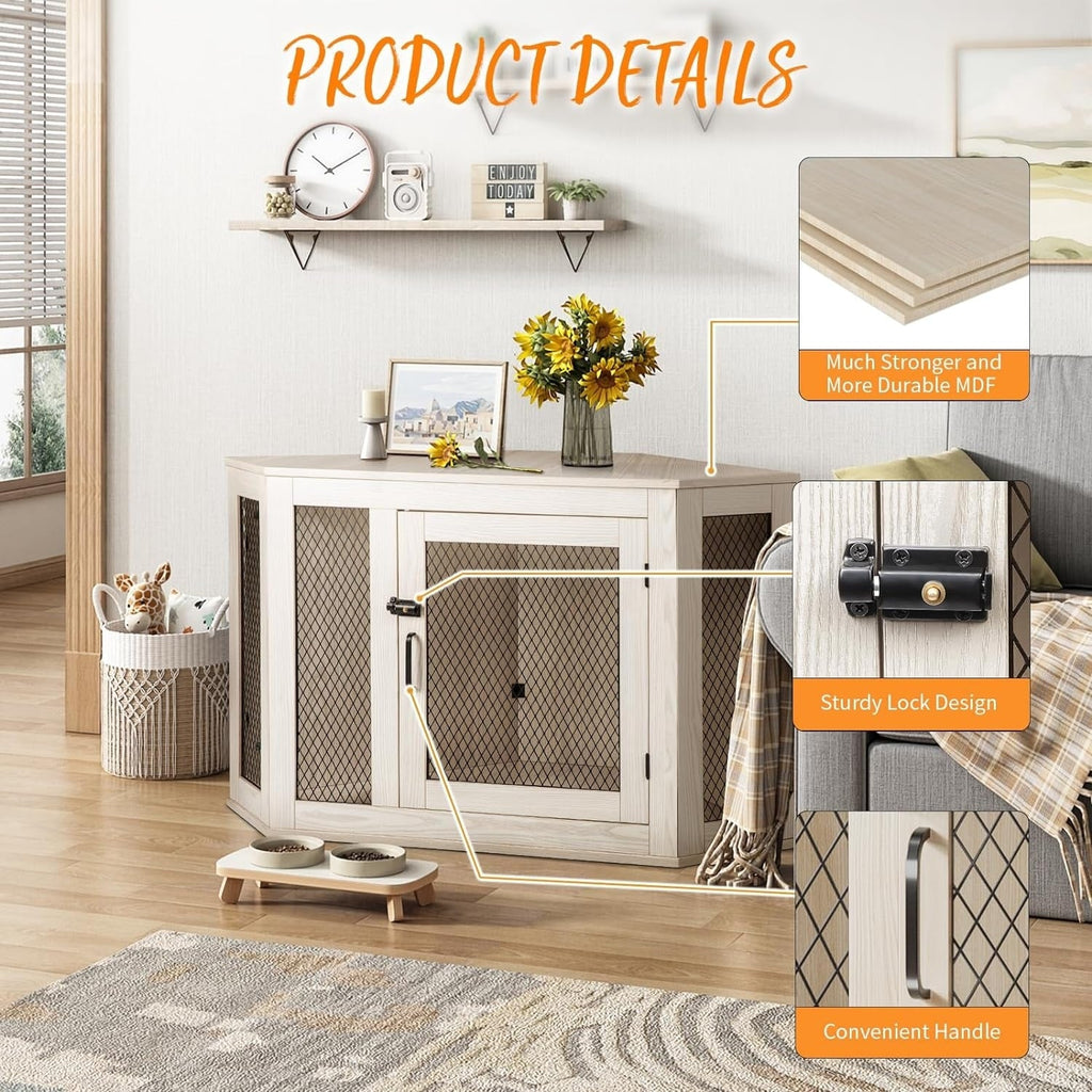 BOSSIN Corner Dog Crate Furniture,44/52 inch Wooden Dog Kennel Furniture with Mesh,Decorative Wood Dog House for Indoor use