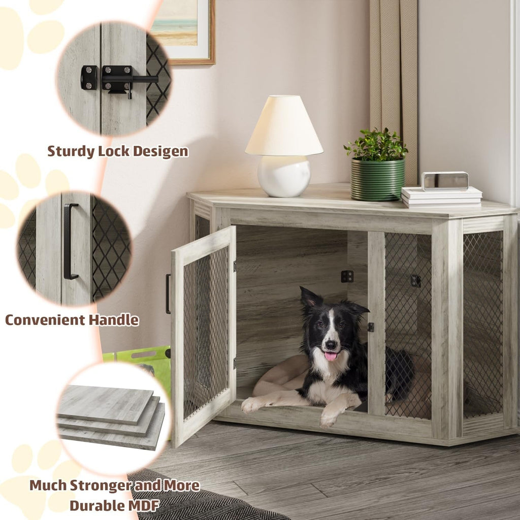 BOSSIN Corner Dog Crate Furniture,44/52 inch Wooden Dog Kennel Furniture with Mesh,Decorative Wood Dog House for Indoor use