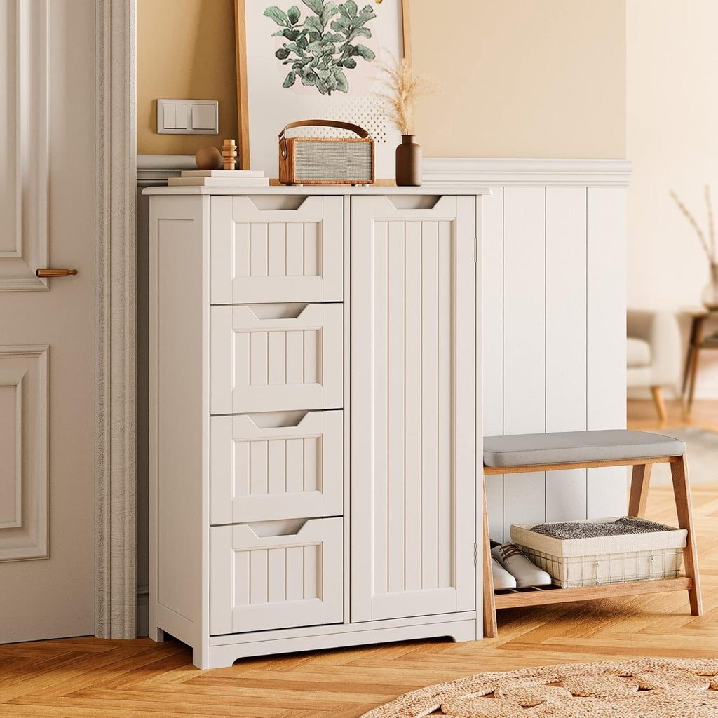 Bathroom Floor Storage Cabinet, Free-Standing Floor Storage Cabinet with 4 Draws and Adjustable Shelf