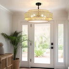 Bayou 5-Light Black Coastal Drum Chandelier with Double Rattan Shade - 24''W