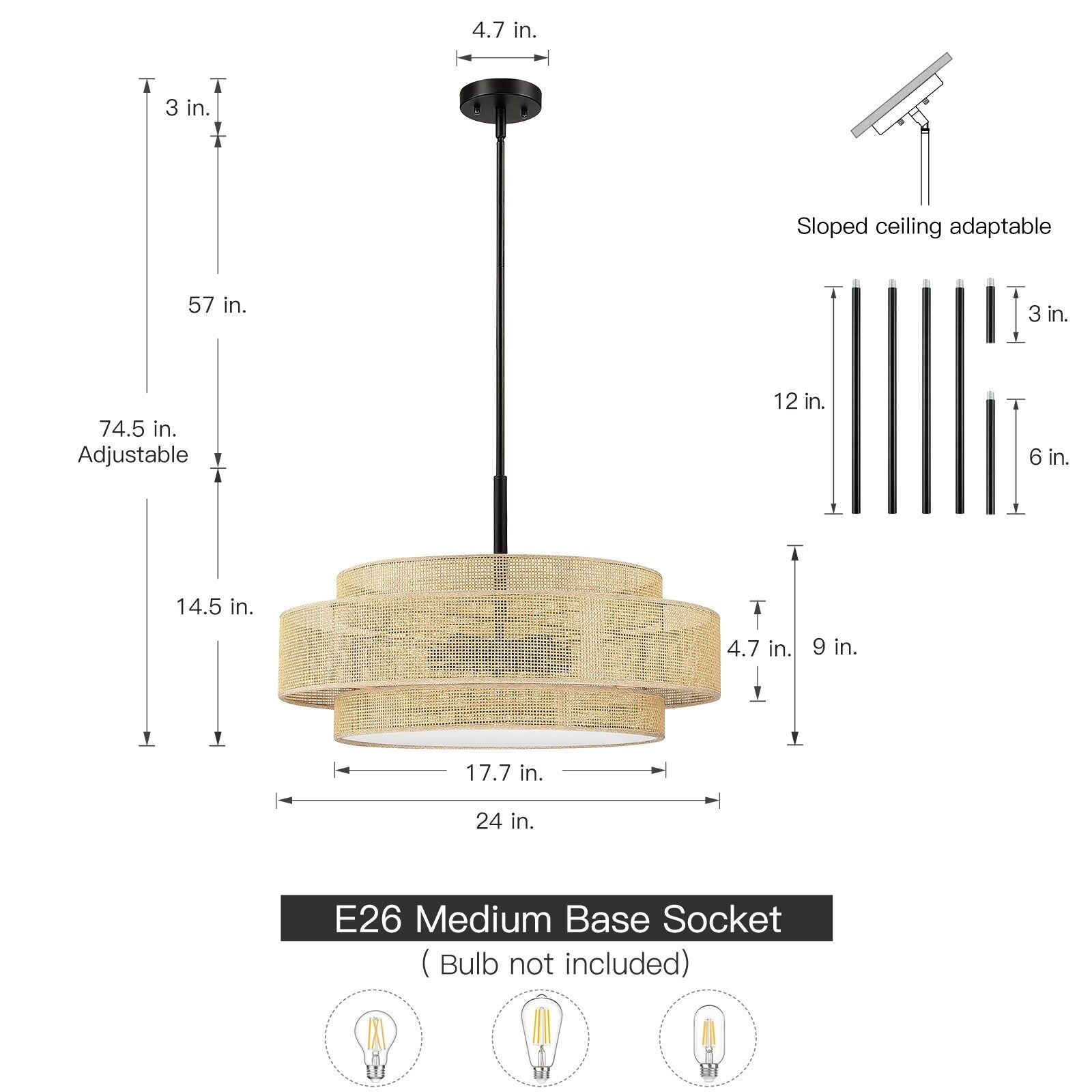 Bayou 5-Light Black Coastal Drum Chandelier with Double Rattan Shade - 24''W