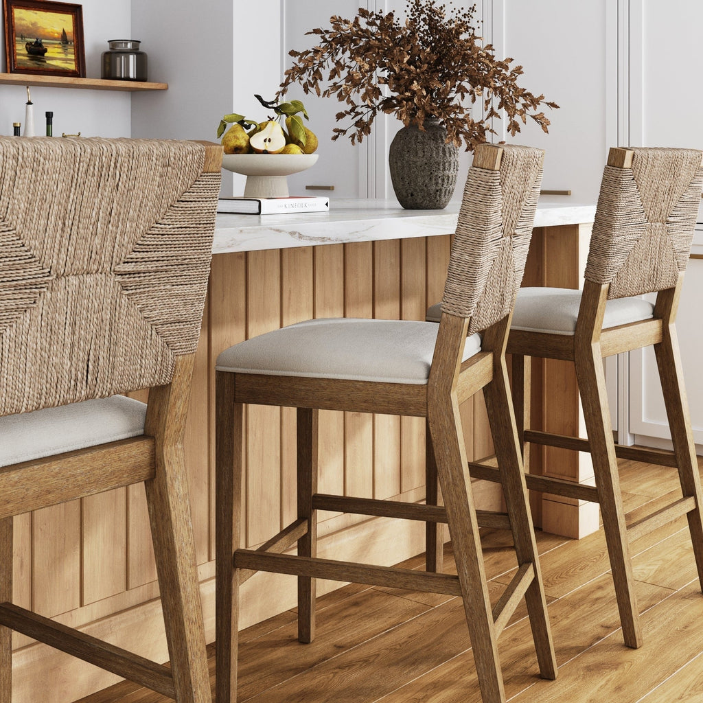 Beacon Bohemian Boucle Bar Stool, Upholstered Counter Height Chair with Solid Wood Frame and Woven Seagrass Back