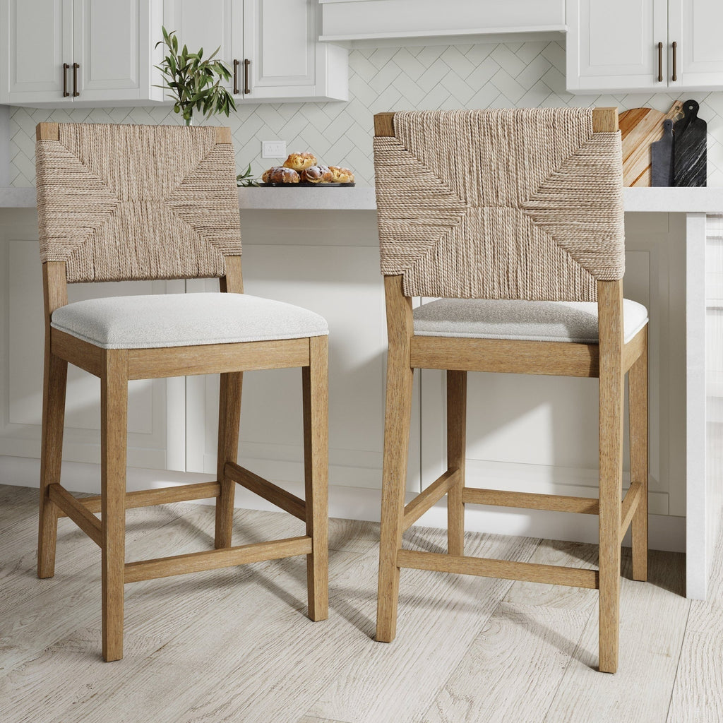 Beacon Bohemian Boucle Bar Stool, Upholstered Counter Height Chair with Solid Wood Frame and Woven Seagrass Back