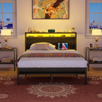 Farmhouse Wood Platform Bed Frame with Charged Station and LED Lights