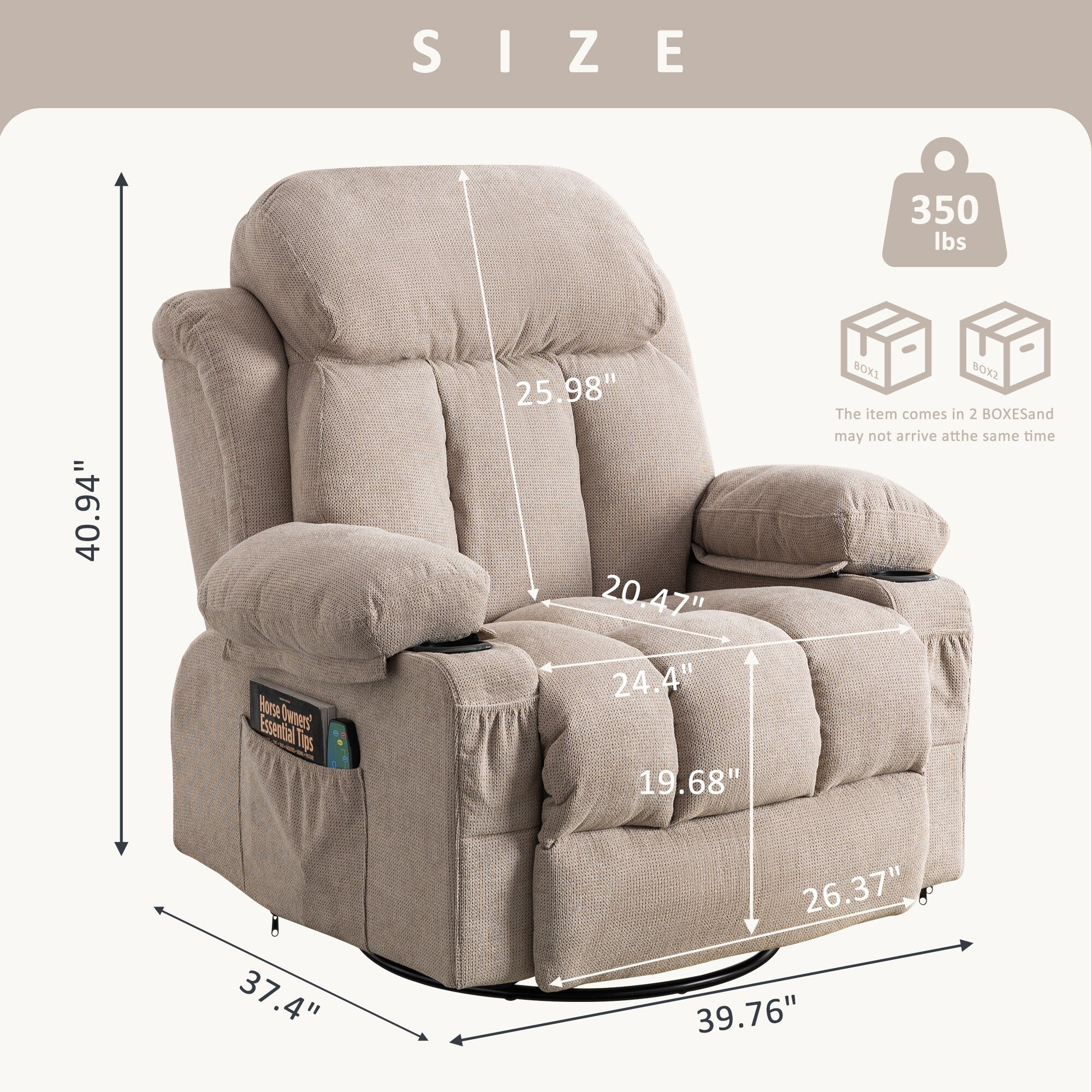 Beige Swivel Recliner with Massage, Heat & USB Charging