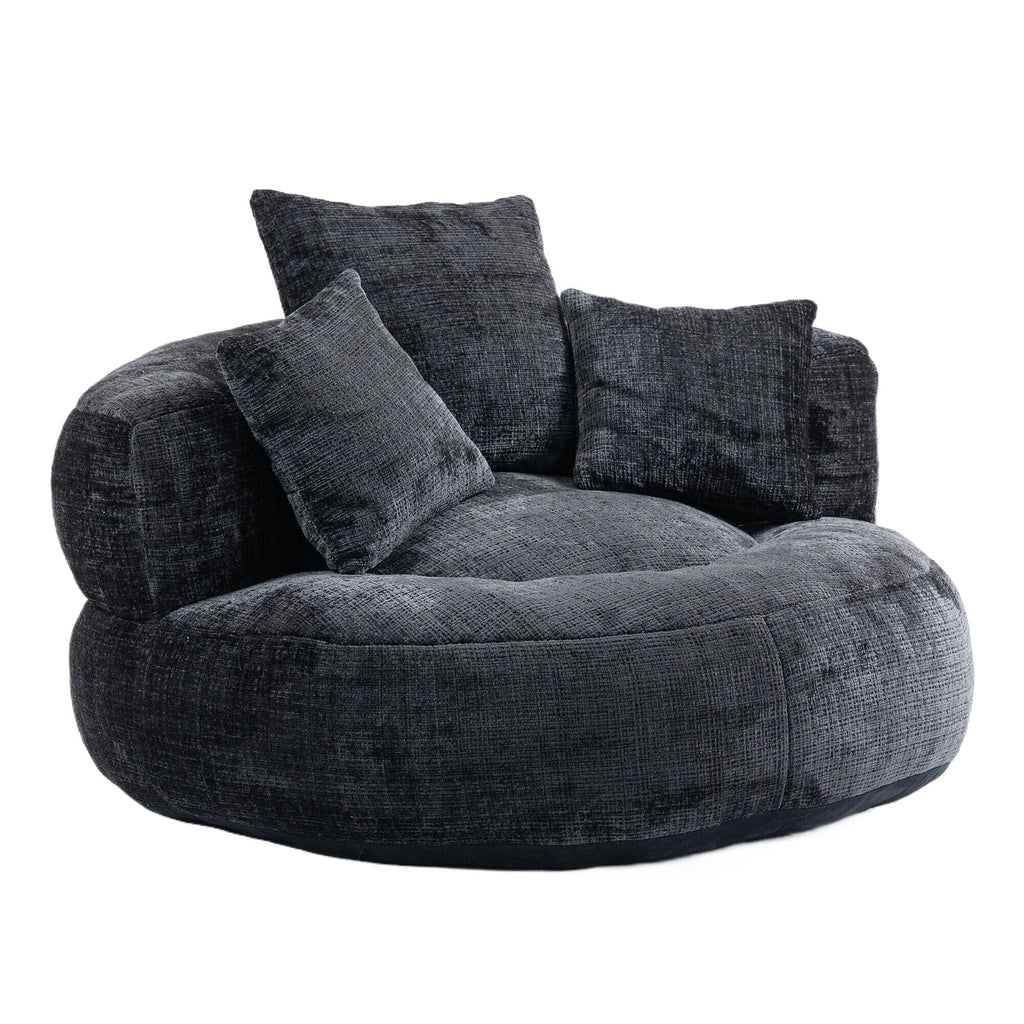 Black Oversized 42.52 Chenille Lazy Bean Bag Single Sofa with Three Pillows for Bedroom