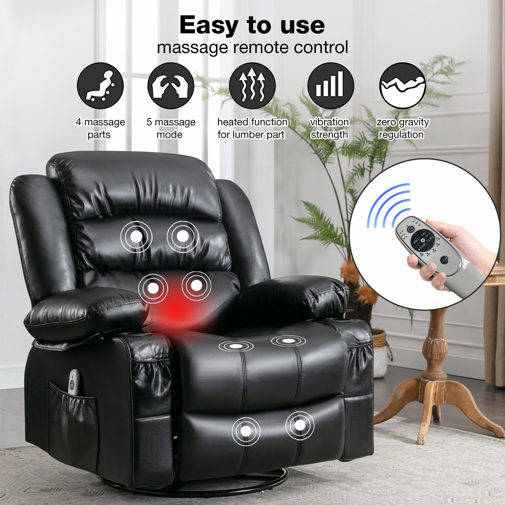 Black Swivel Rocker Recliner with Heat, Massage & USB Ports