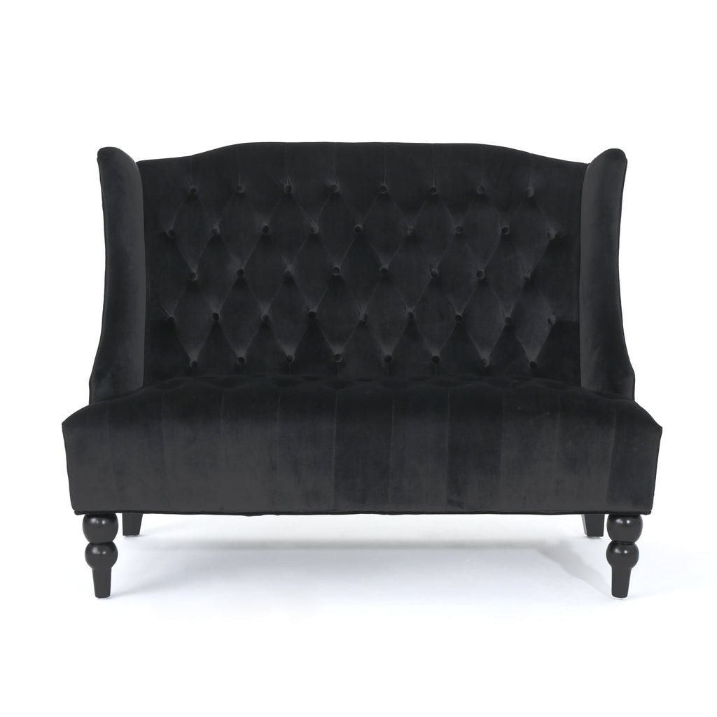 Black Velvet Button Tufted High Wingback Loveseat Sofa