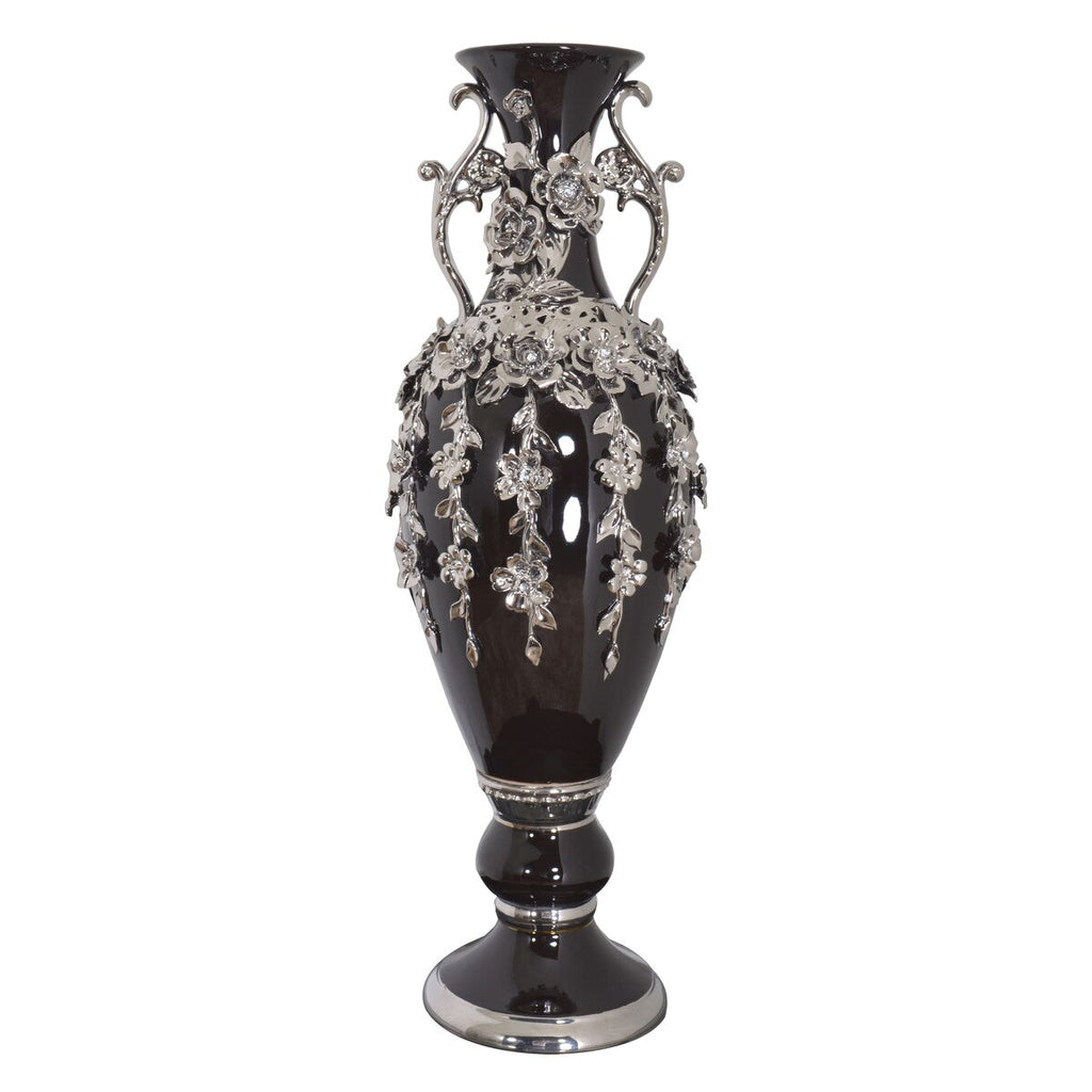 Black and Silver Floret Jeweled Stunning Vase 35 Inches Tall