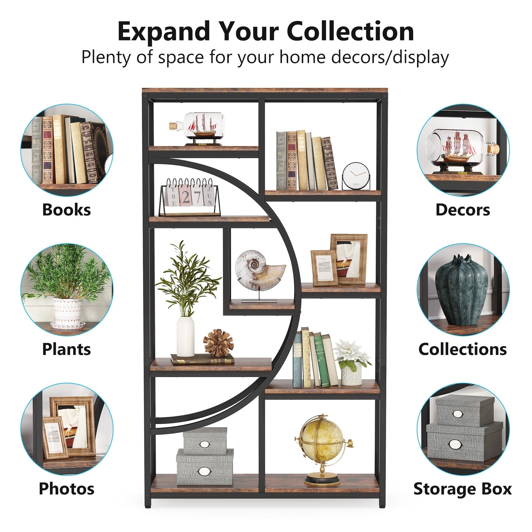 Bookshelf 5 Shelf Industrial Etagere Bookcase for Bedroom, Living Room, Home Office