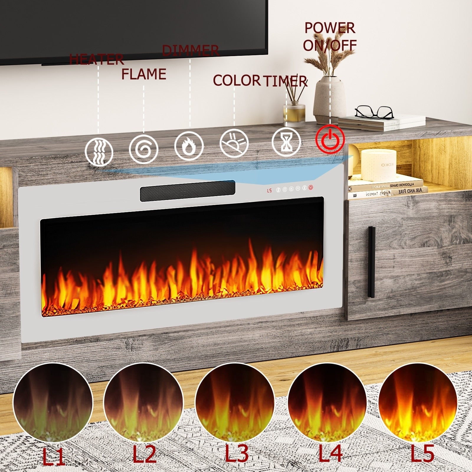 Bossin 70 Fireplace TV Stand with 36 Electric Fireplace, TV Stand for TVs Up to 80, 16 Colors LED Lights/Entertainment Center