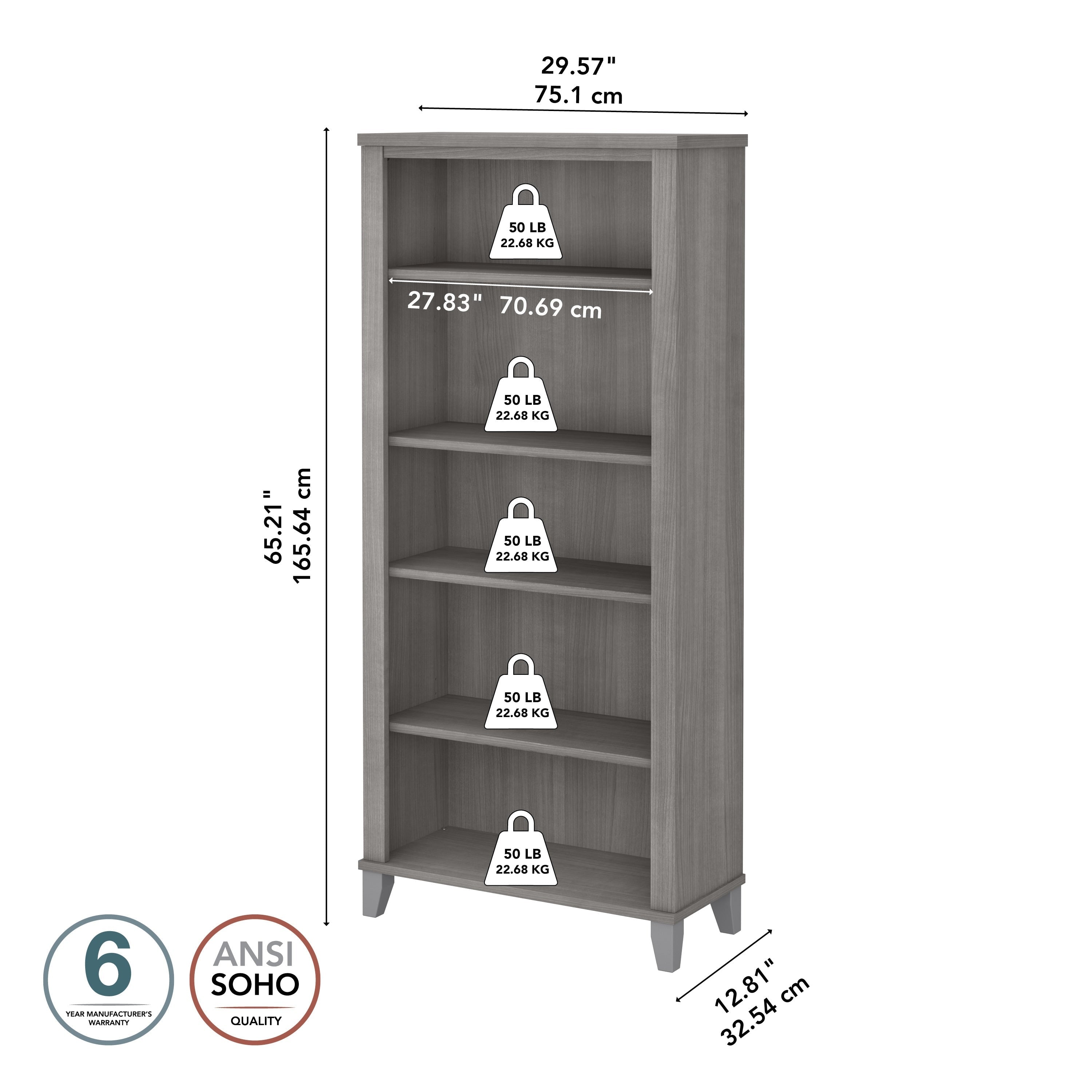 Bush Furniture Somerset Tall 5 Shelf Bookcase with Adjustable Shelves