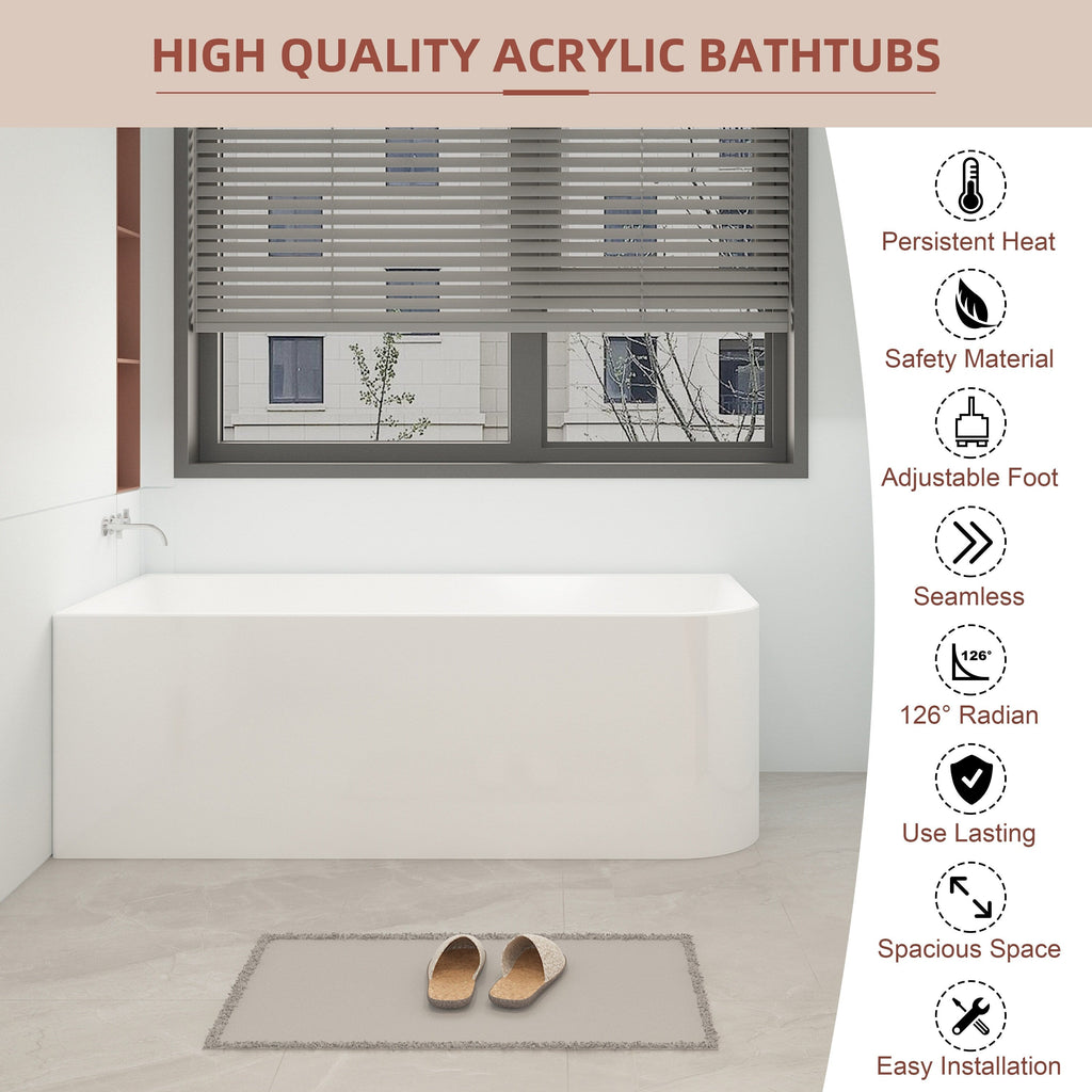 CB HOME 59''/67'' Freestanding Acrylic Soaking Bathtubs, Soaking Tubs Single Side Against The Wall, Left/Right Overflow
