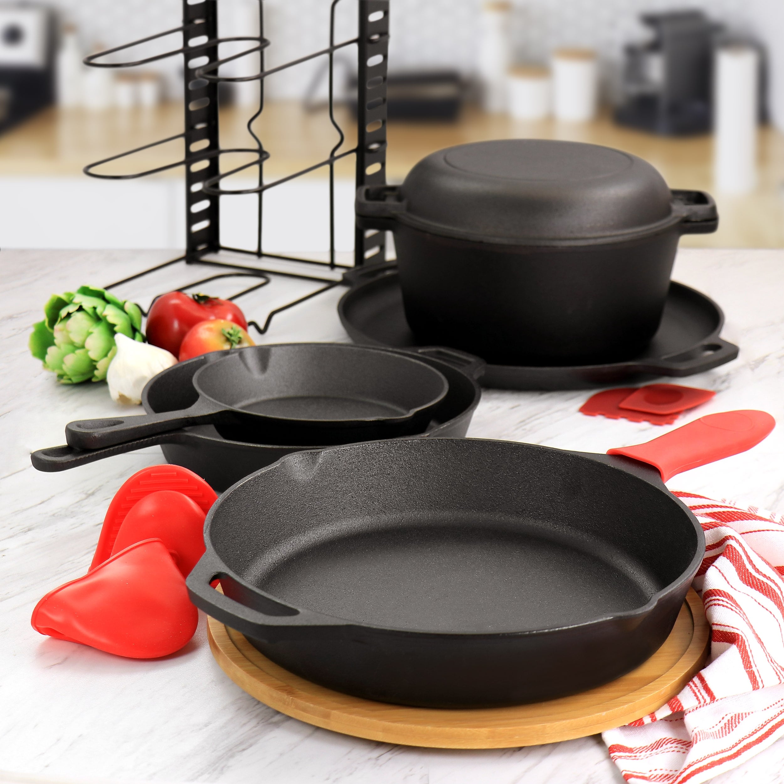 Cast Iron Pre Seasoned Skillet and Accessories 12 Piece Set