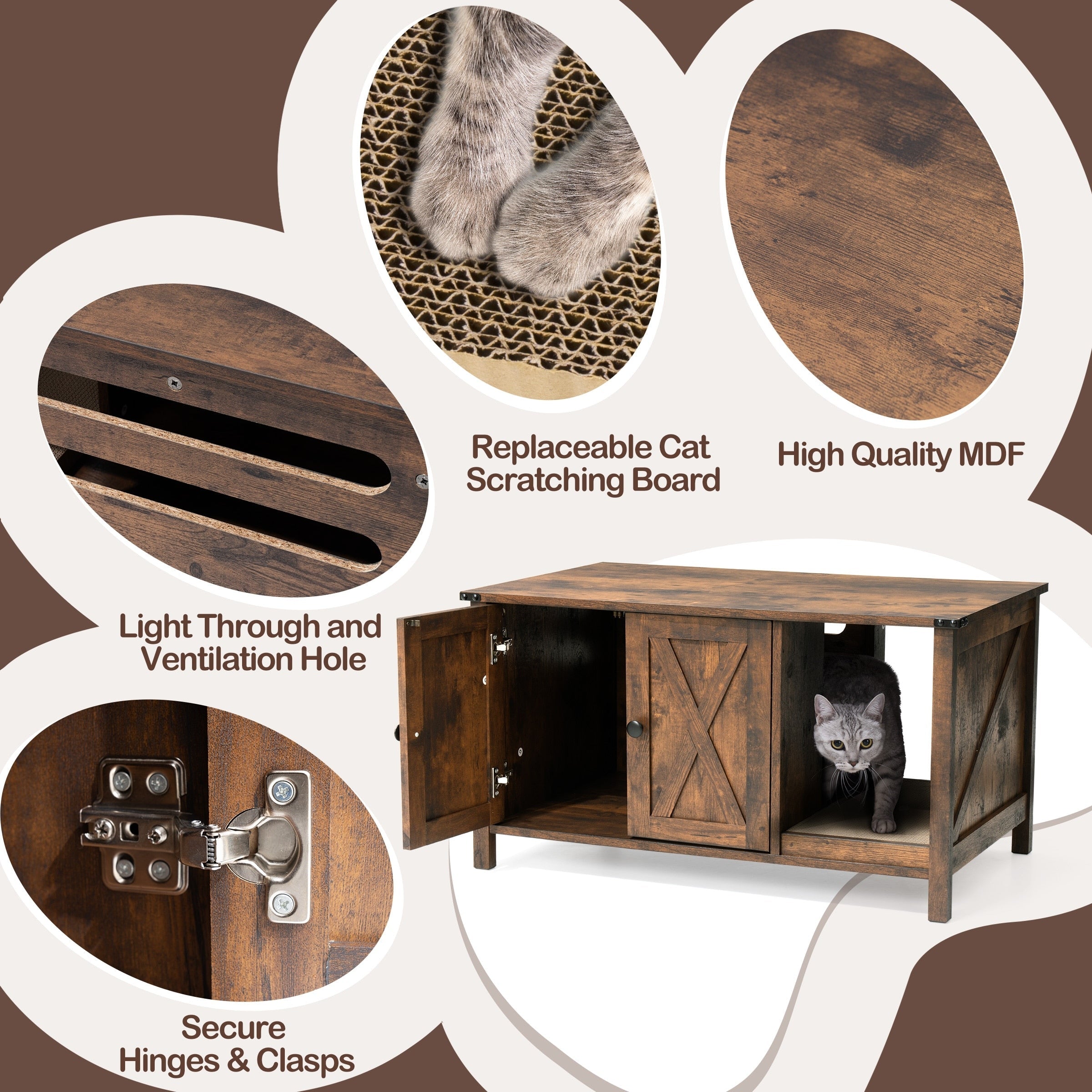 Cat Litter Box Enclosure, Hidden Wood Cat Washroom Furniture with Scratching Post