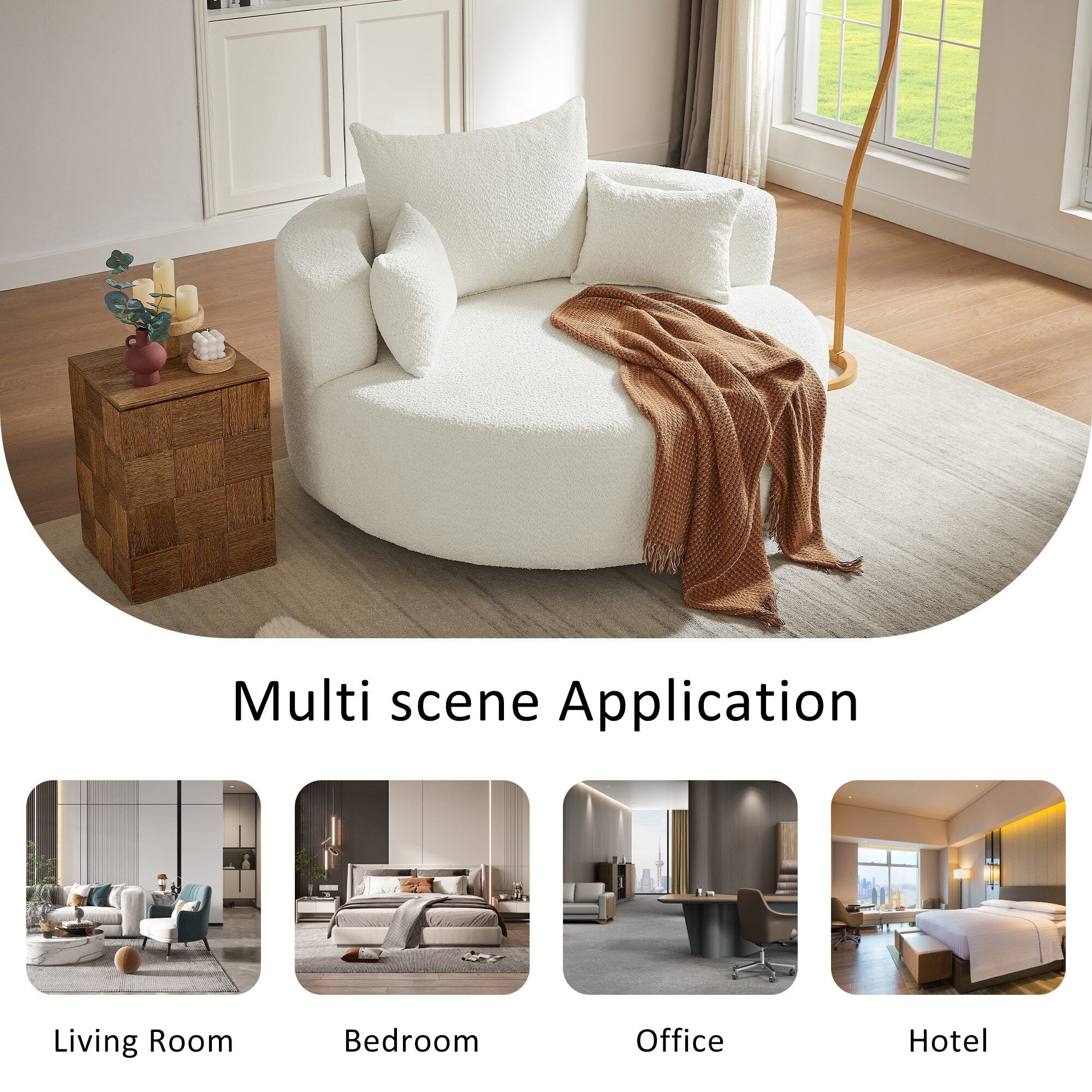 Chenille Accent Barrel Chair Lounge Chair, Round Sofa Chair Armchair with 360-Degree Swivel Base and 3 Removable Pillows