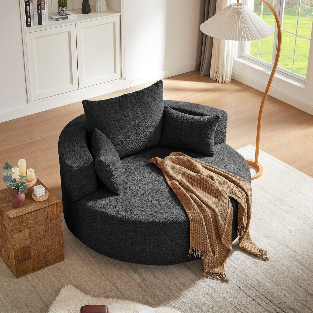 Chenille Accent Barrel Chair Lounge Chair, Round Sofa Chair Armchair with 360-Degree Swivel Base and 3 Removable Pillows