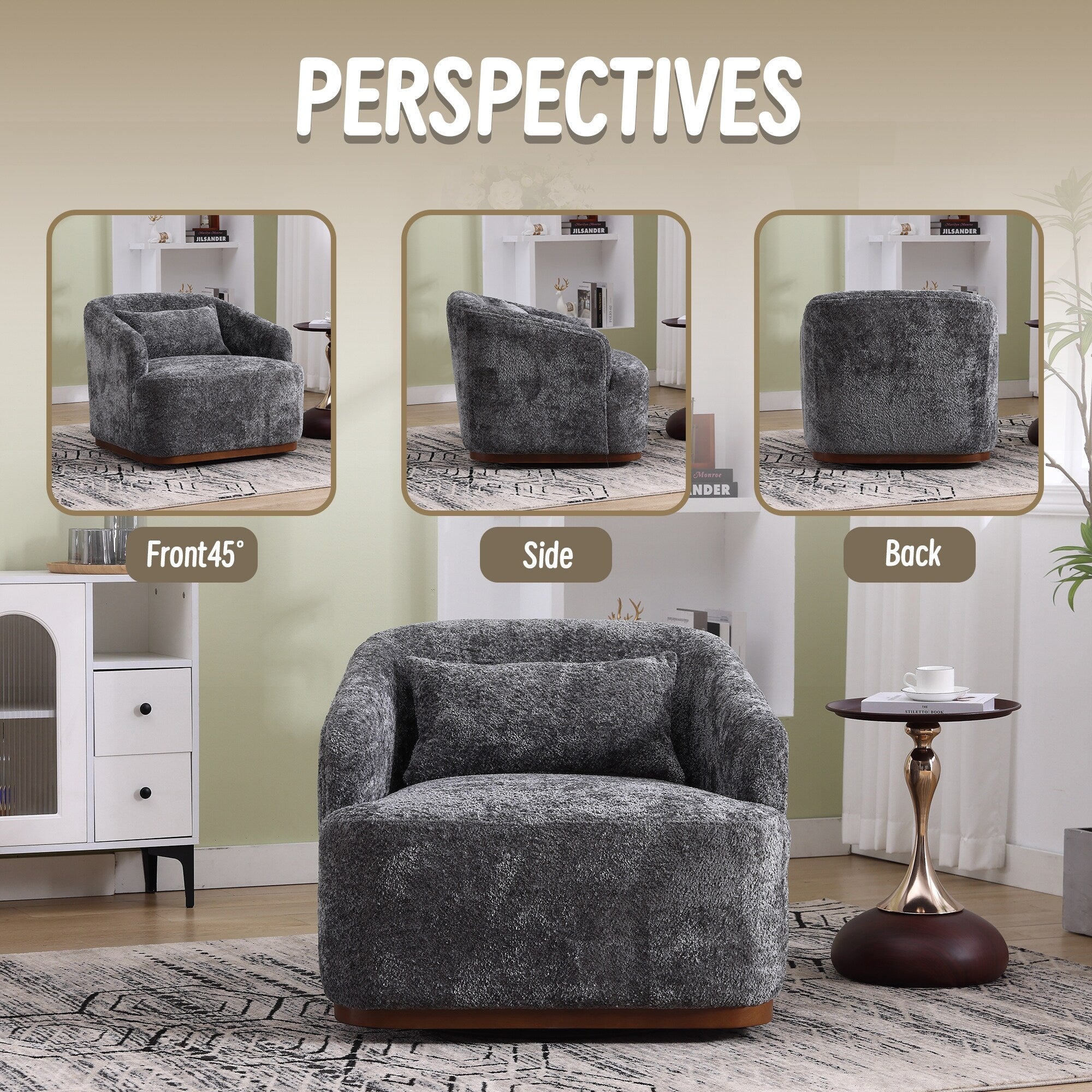 Chenille Swivel Barrel Chair, 360-Degree Comfy Accent Sofa for Living Room, Bedroom, and Study with Removable Cushion