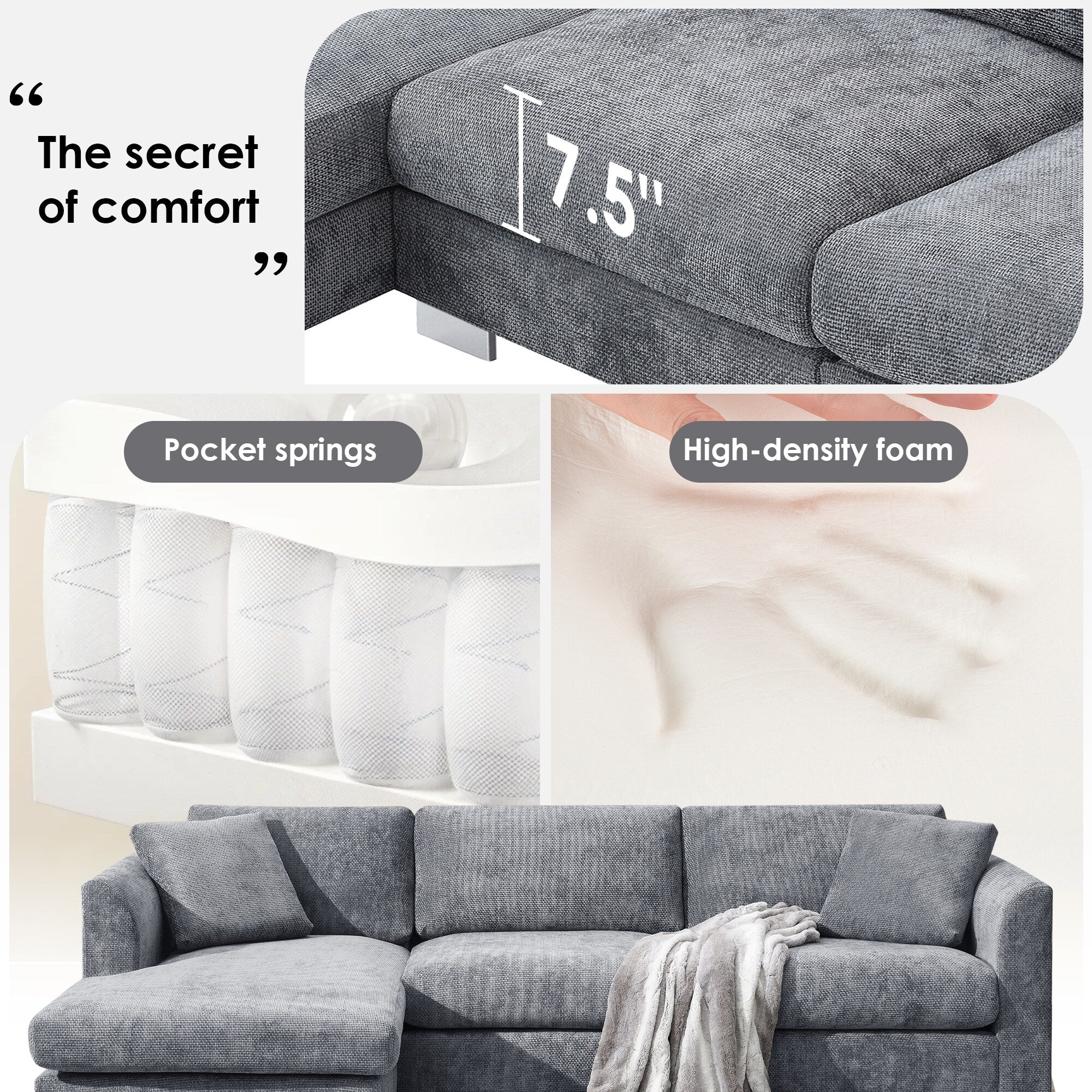 Cloud Sectional Sofa,L-Shaped Luxury Couch Set With 2 Free Pillows,4-Seat Chenille Indoor Furniture With Oversized Chaise