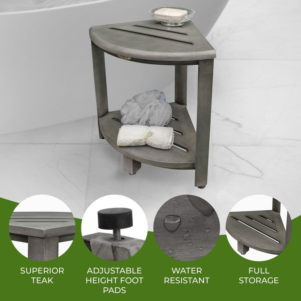 CoastalVogue, Teak Corner Shower Shelf, Shower Stool for Shaving Legs, Shower Foot Stool, Teak Shower Stool, Corner Shower Stool