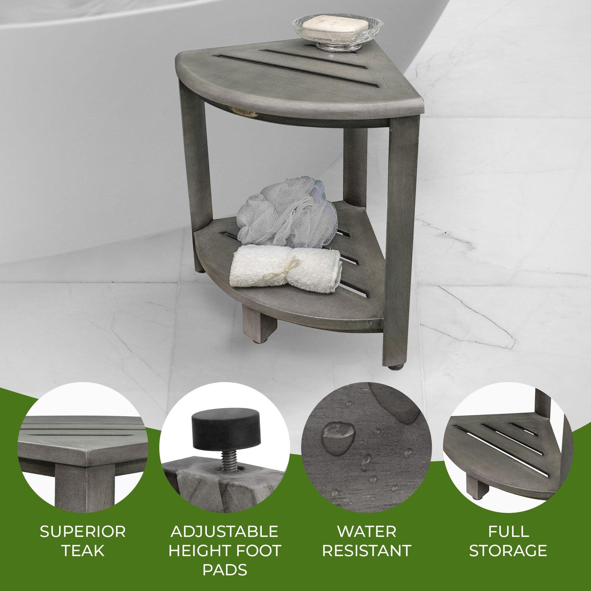 CoastalVogue, Teak Corner Shower Shelf, Shower Stool for Shaving Legs, Shower Foot Stool, Teak Shower Stool, Corner Shower Stool