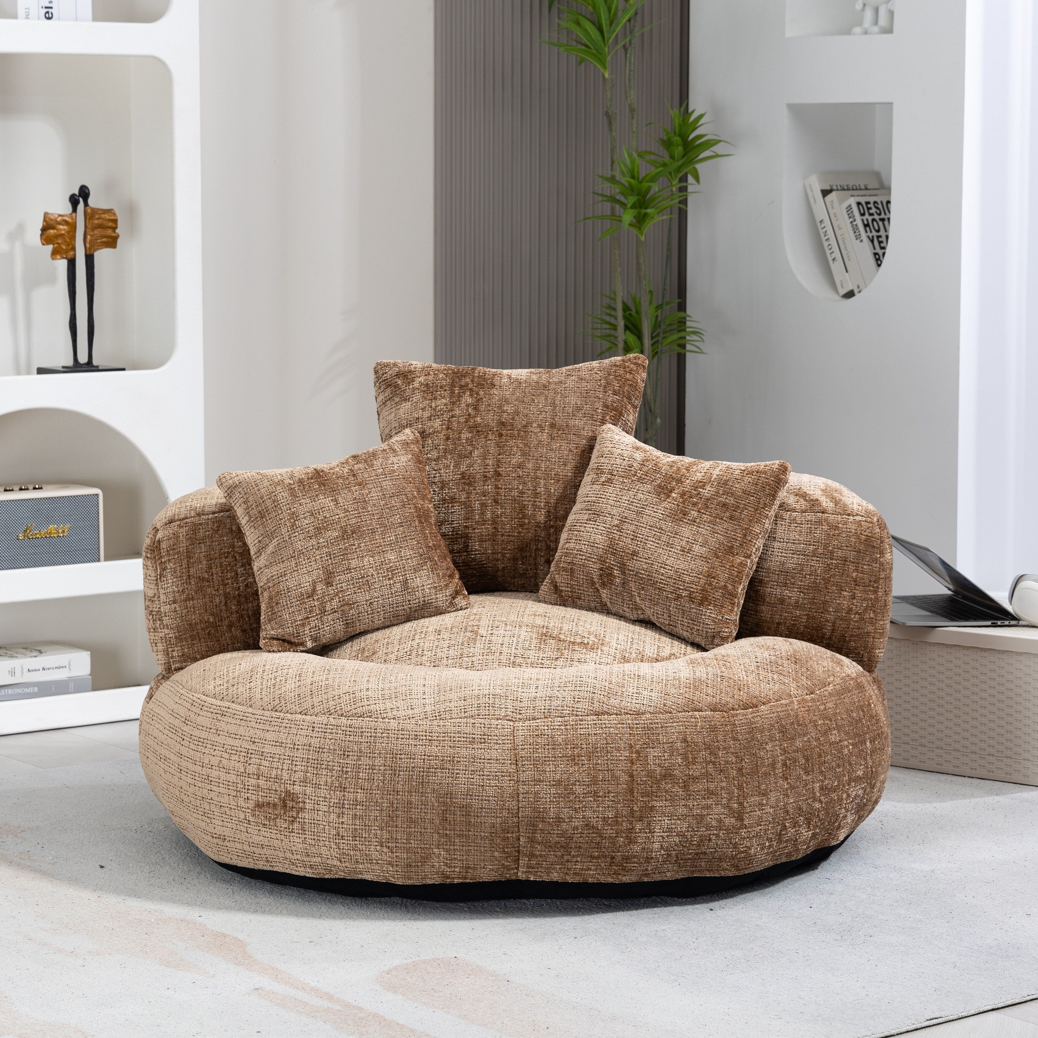 Coffee Oversized 42.52 Chenille Lazy Bean Bag Single Sofa with Three Pillows for Bedroom