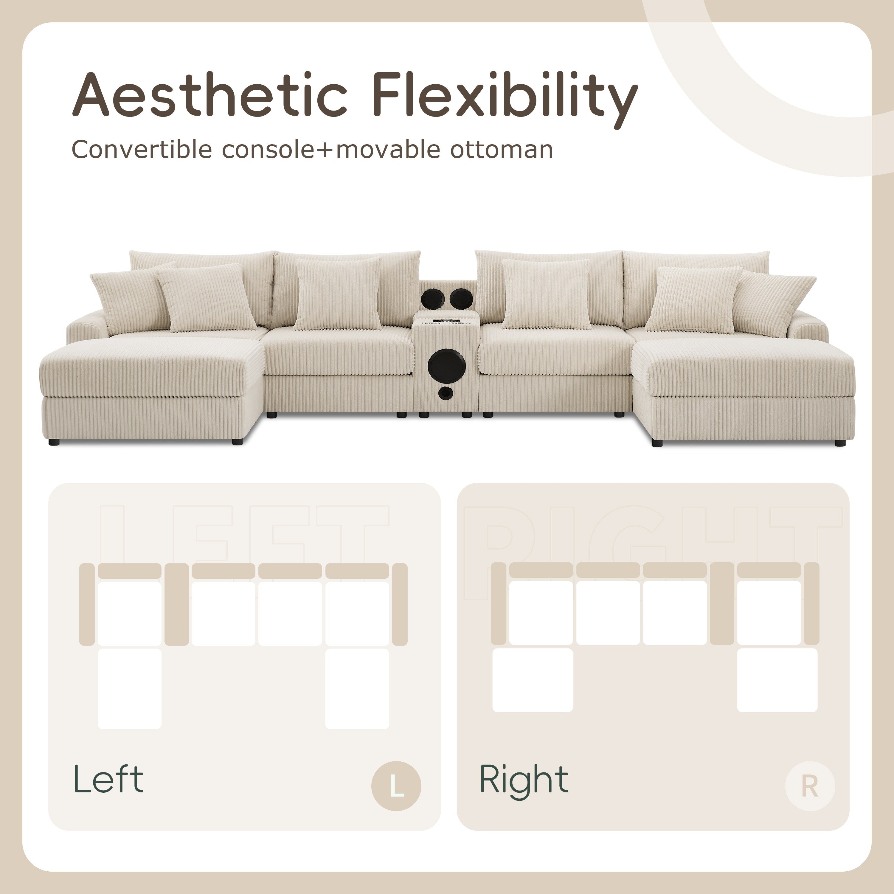 Corduroy Sectional Sofa with Bluetooth Speakers, USB Charger, Cup Holders, Storage, Ottoman, Deep and Wide Seat