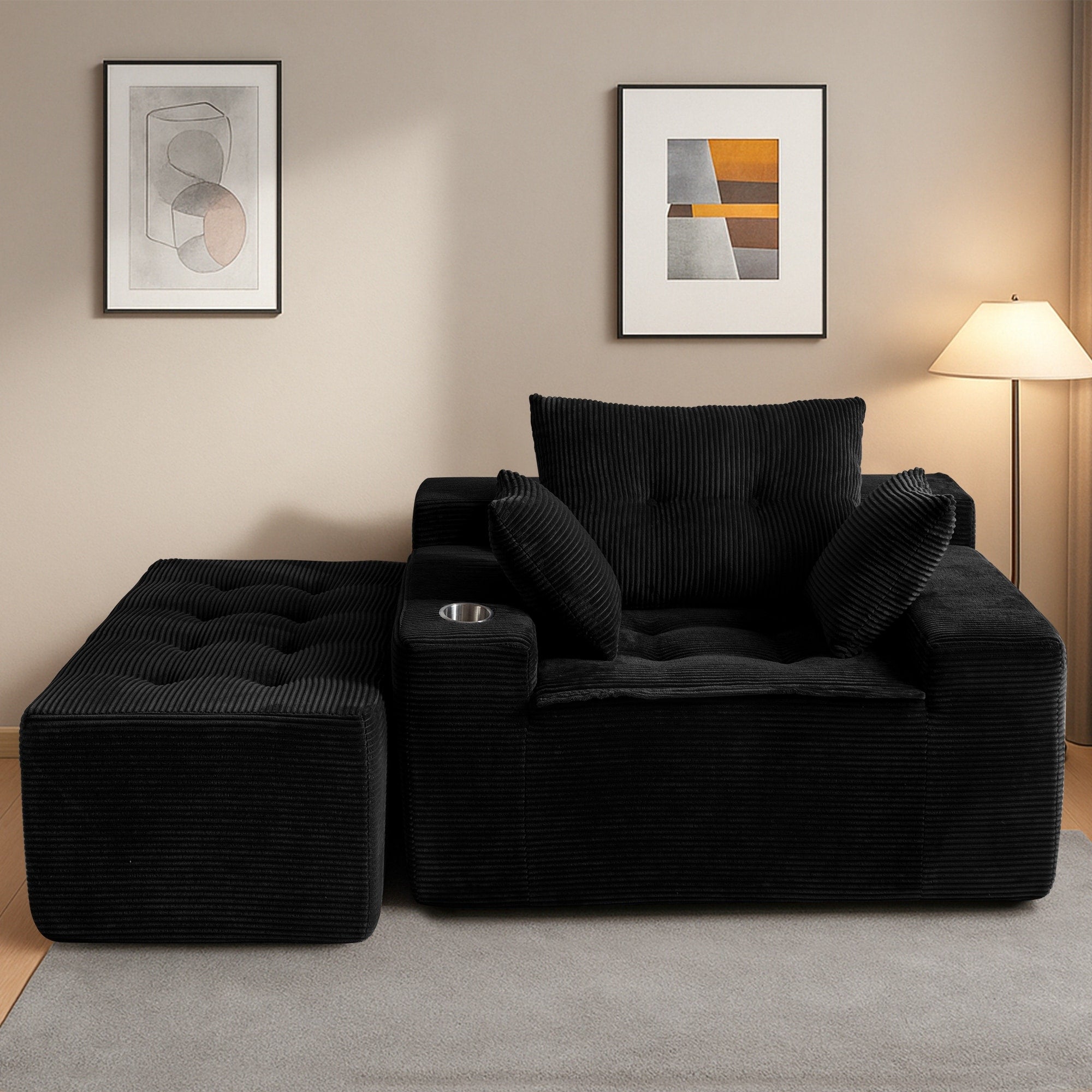Corduroy Upholstered Memory Foam Sofa With Ottoman Upholstered Bean Bag Couch - 48.4Lx67.7Wx24.4H