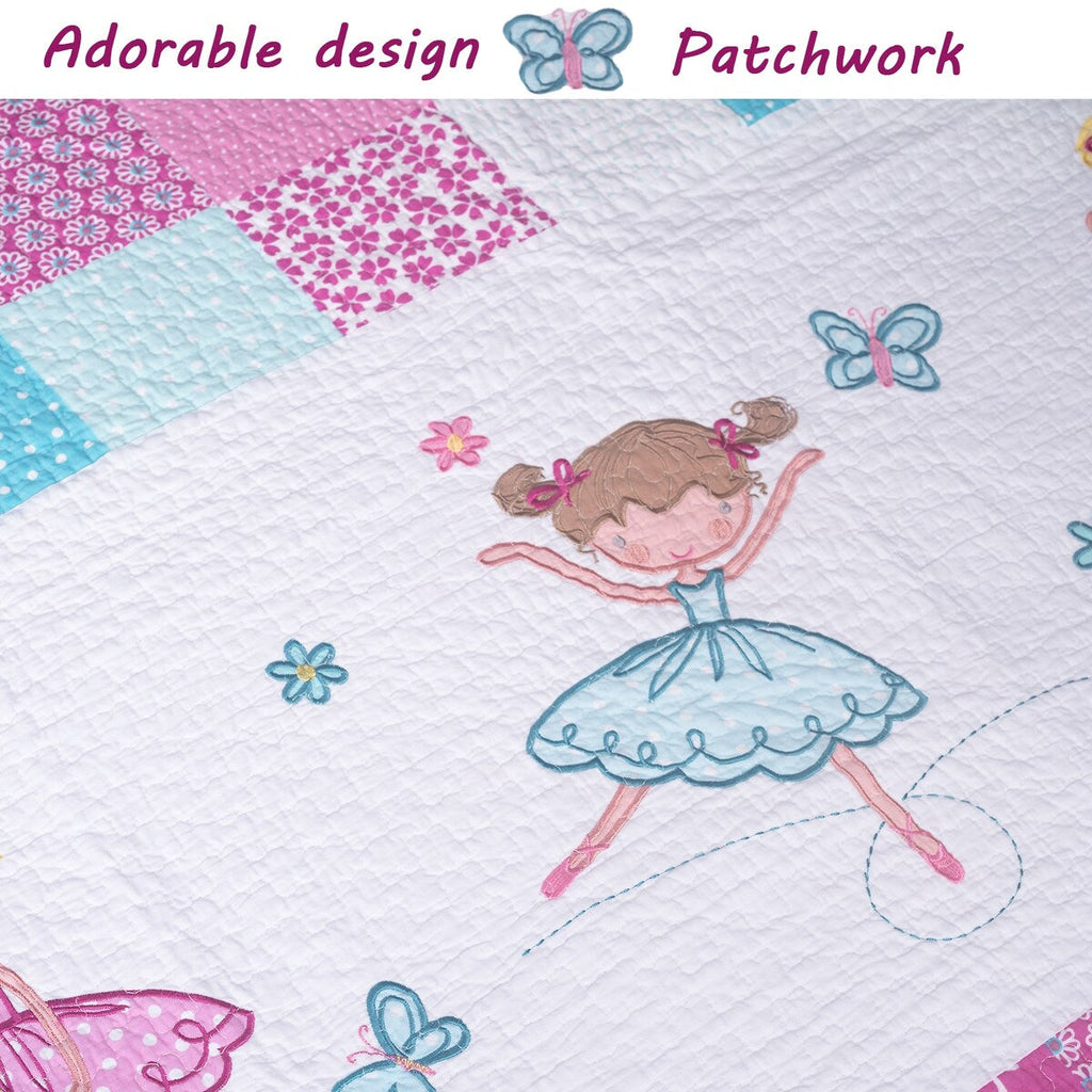 Cozy Line Ballerina Pink Girls Reversible Cotton Quilt Bedding Set with Decorative Pillows