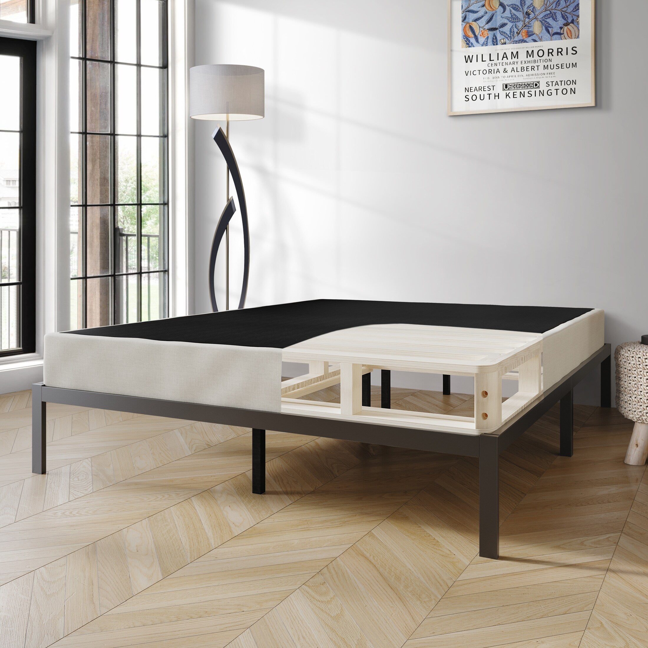 CraftPorch Solid Wood 5-Inch Box Spring Foundation with Wood Slats with Warm Grey Linen Cover