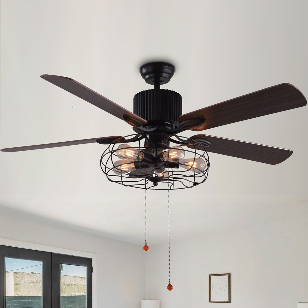 CurveCurio Farmhouse Industrial 5-Light Black Cage Ceiling Fan with Light, Remote Control and Pull Chain 42-48-52 inches