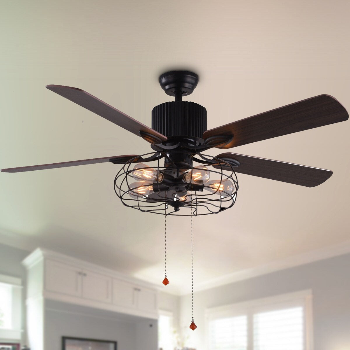 CurveCurio Farmhouse Industrial 5-Light Black Cage Ceiling Fan with Light, Remote Control and Pull Chain 42-48-52 inches