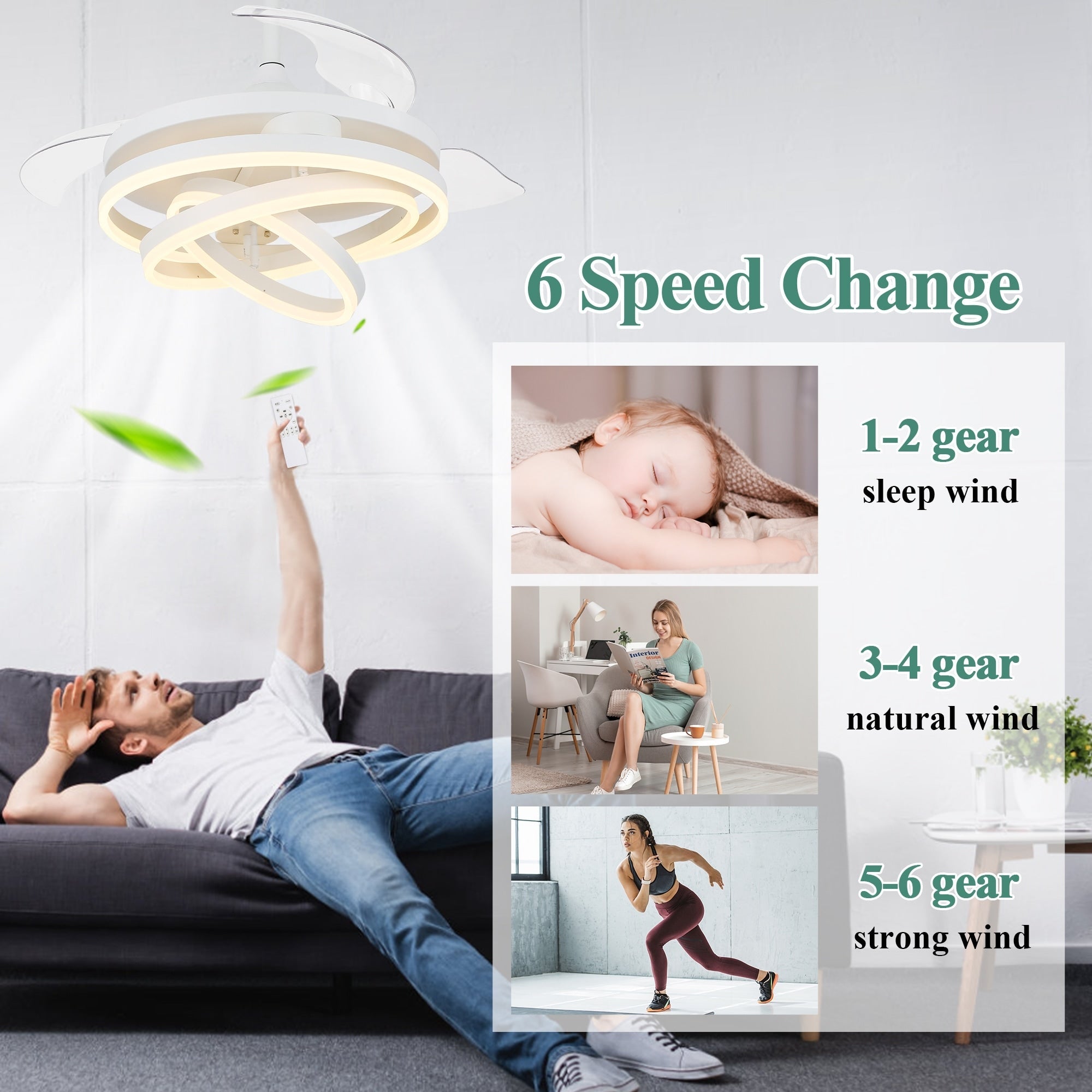 Cusp Barn 42 Retractable Ceiling Fan with Lights and Remote DIY Shape Fandelier Modern Silent DC Motor LED Ceiling Light