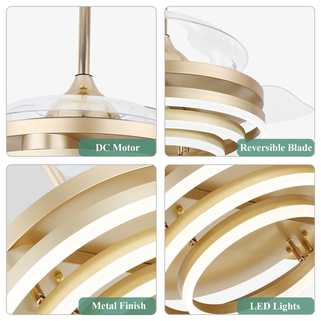 Cusp Barn 42 Retractable Ceiling Fan with Lights and Remote DIY Shape Fandelier Modern Silent DC Motor LED Ceiling Light