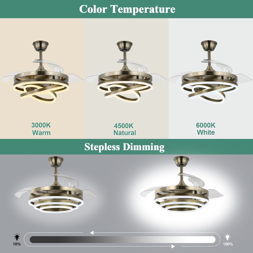 Cusp Barn 42 Retractable Ceiling Fan with Lights and Remote DIY Shape Fandelier Modern Silent DC Motor LED Ceiling Light