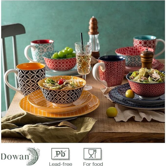 DOWAN Ceramic Dinnerware Set, 16 Pieces Dish Set for 4, Decorative Plates and Bowls Set