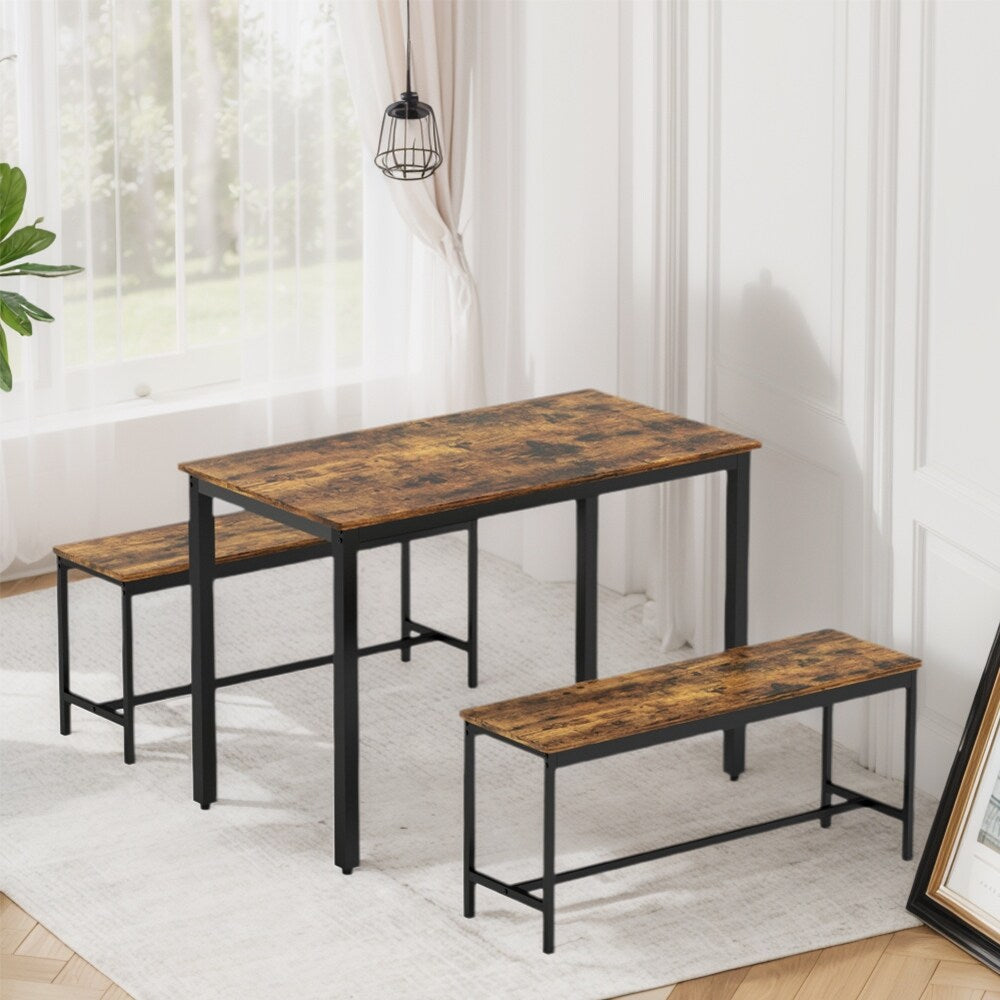 Dining Table Set, Wood Bar Table Set, Kitchen Table w/2 Benches - 3-Piece