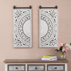 Distressed Ivory White Wood Flower Wall Art with Black Accents (Set of 2)