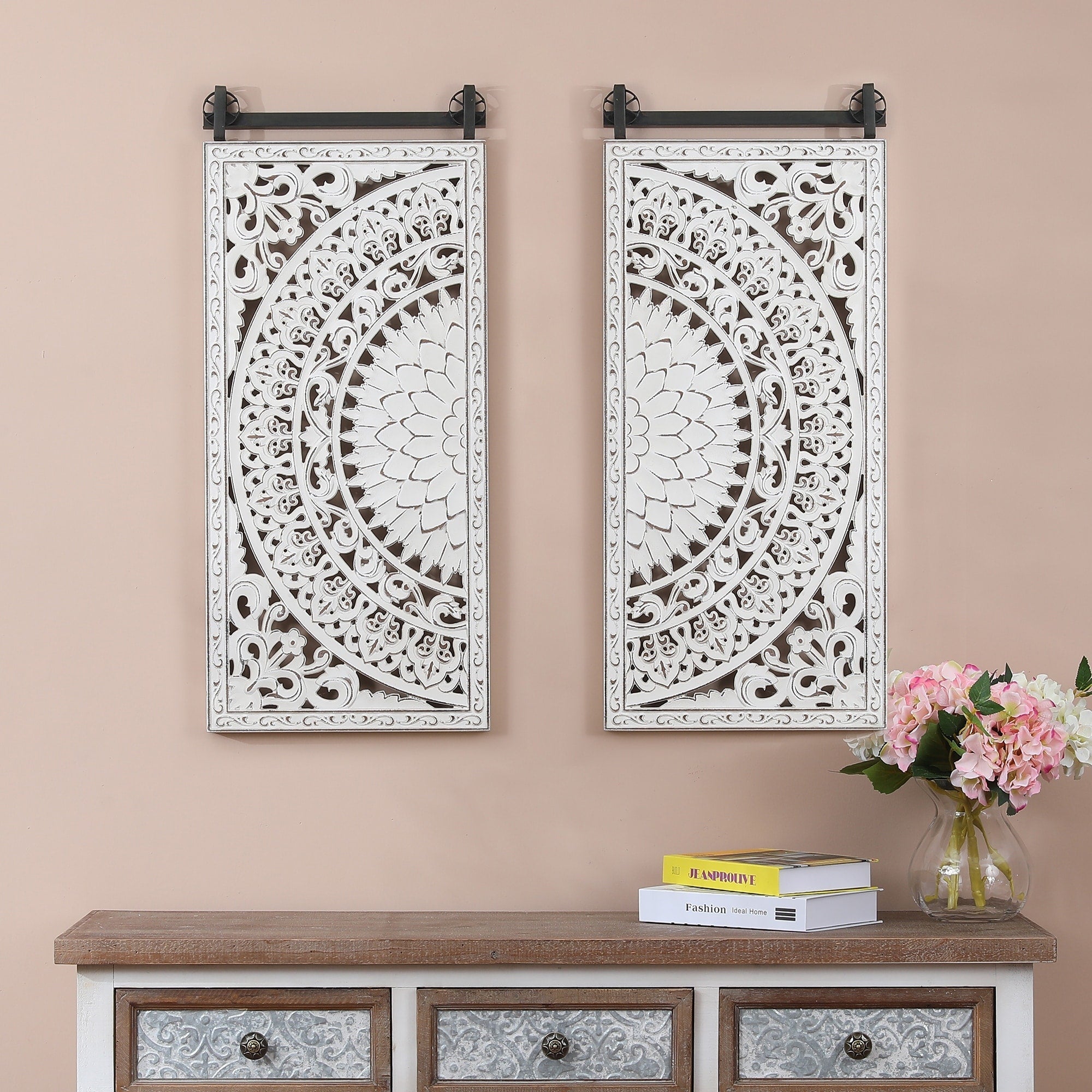 Distressed Ivory White Wood Flower Wall Art with Black Accents (Set of 2)