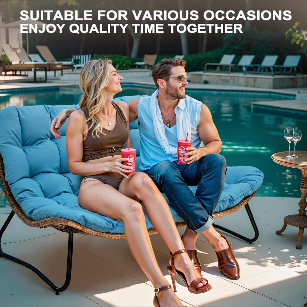 Double Papasan Chair Loveseat with Cushion, All-weather PE Rattan and Metal Frame for Indoor Outdoor