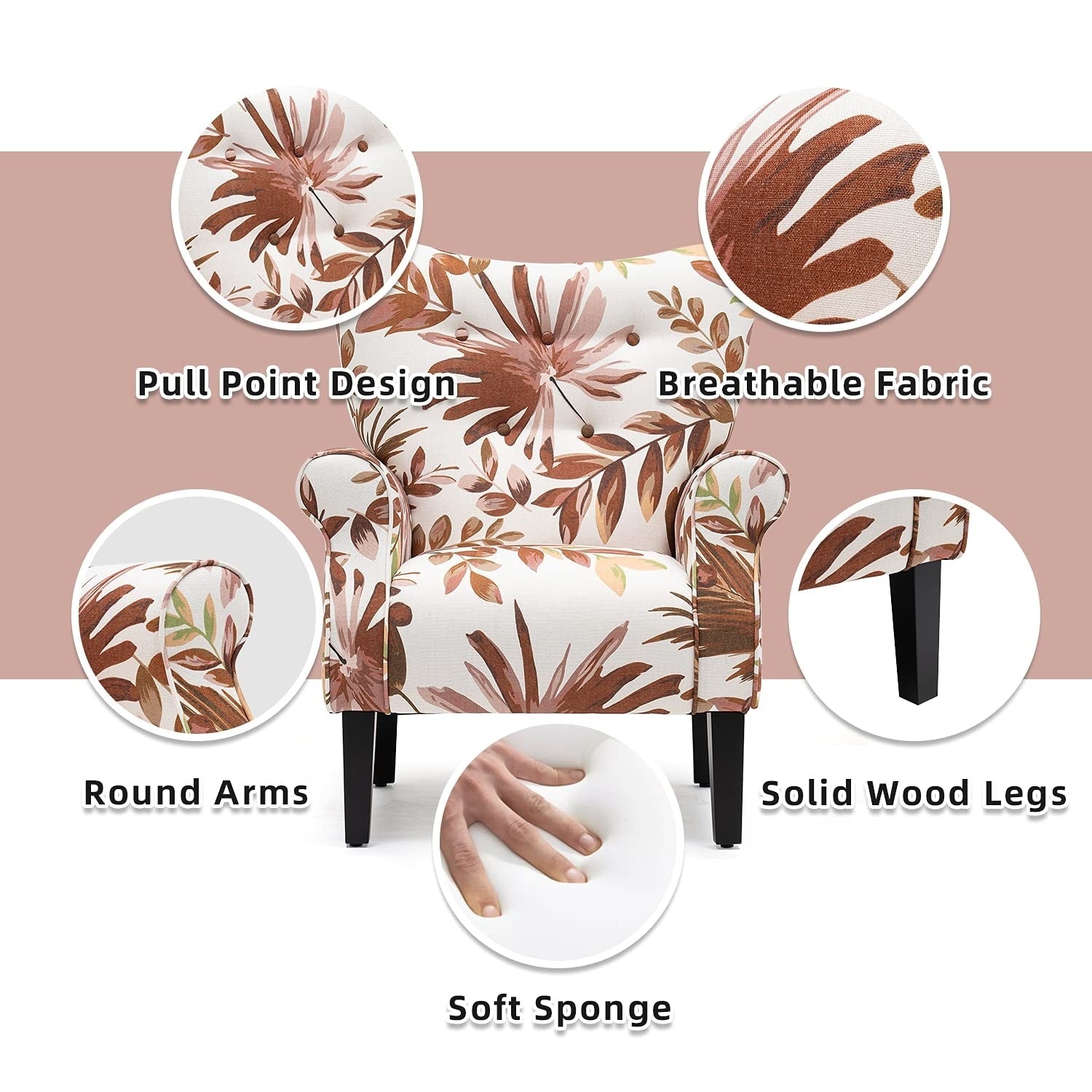 Erommy Modern Accent Chair, High Back Armchair, Upholstered Fabric Button Single Sofa with Wooden Legs for Living Room